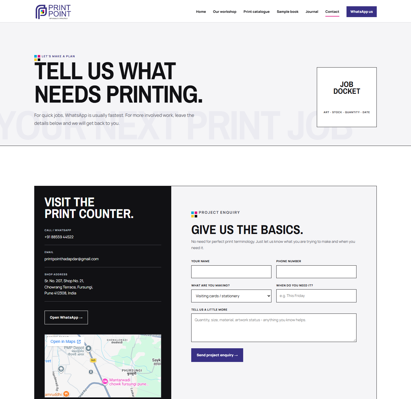 Printpoint contact page showing business information and enquiry options