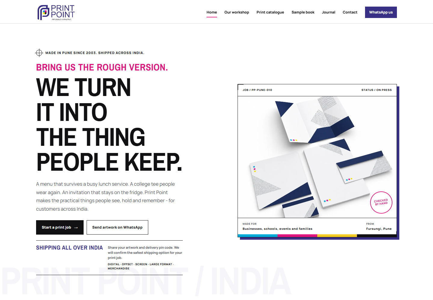 Printpoint homepage showing the navigation, printing services introduction and enquiry links